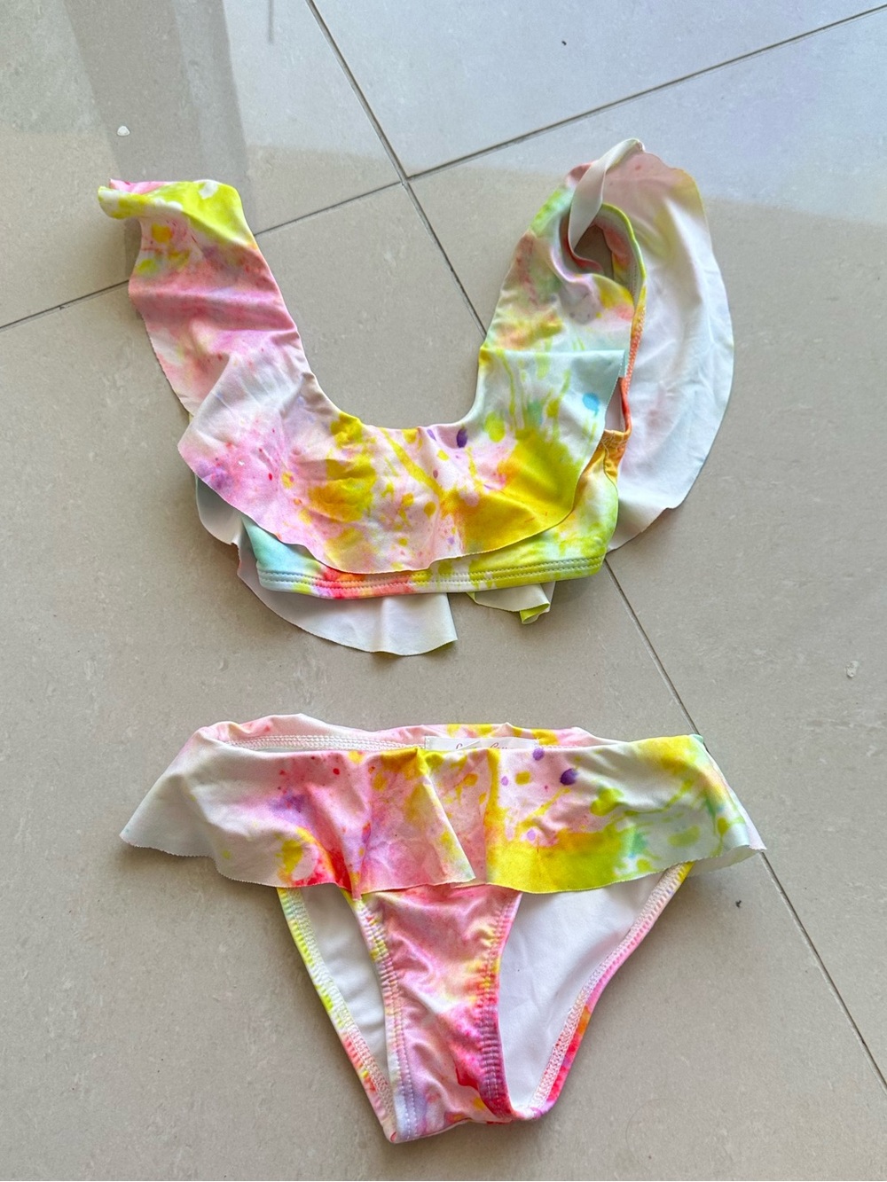 Stella Cove Tie-Dye Ruffle Bikini - Pink Yellow Green
